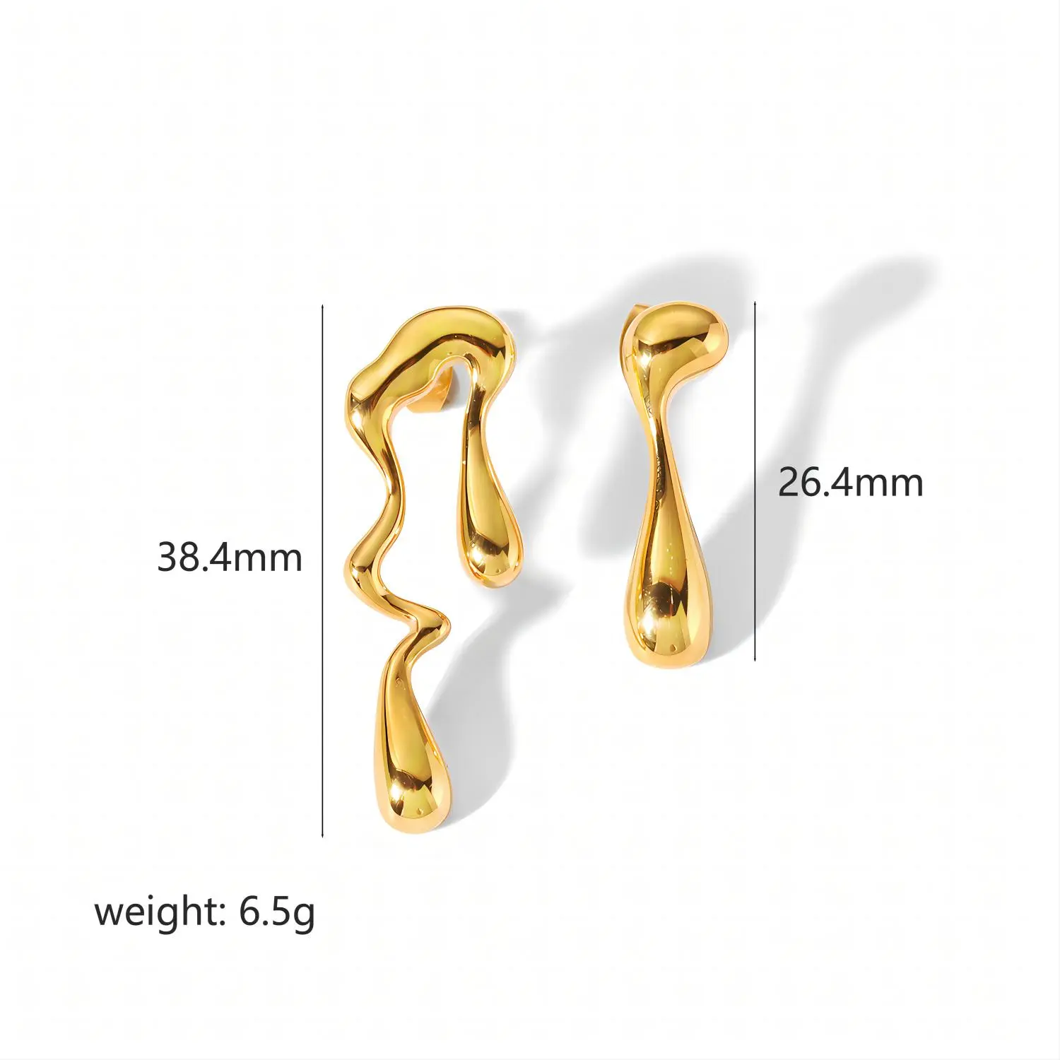 1 par de elegantes y modernos aretes de acero inoxidable chapado en oro de 18 quilates con forma de gota de aceite asimétrica, adecuados para el uso diario de las mujeres. h5 Imagen2